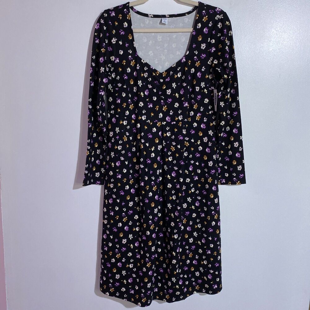 Old Navy Dress M‎ Black Floral Cottagecore Peasant Babydoll Casual Comfort